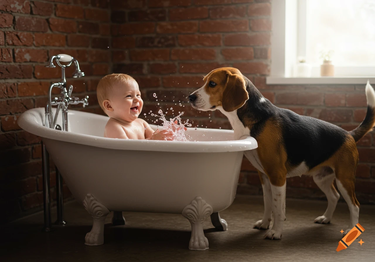 A joyful baby splashes in a bathtub while a curious beagle watches in a rustic bathroom with a brick wall.