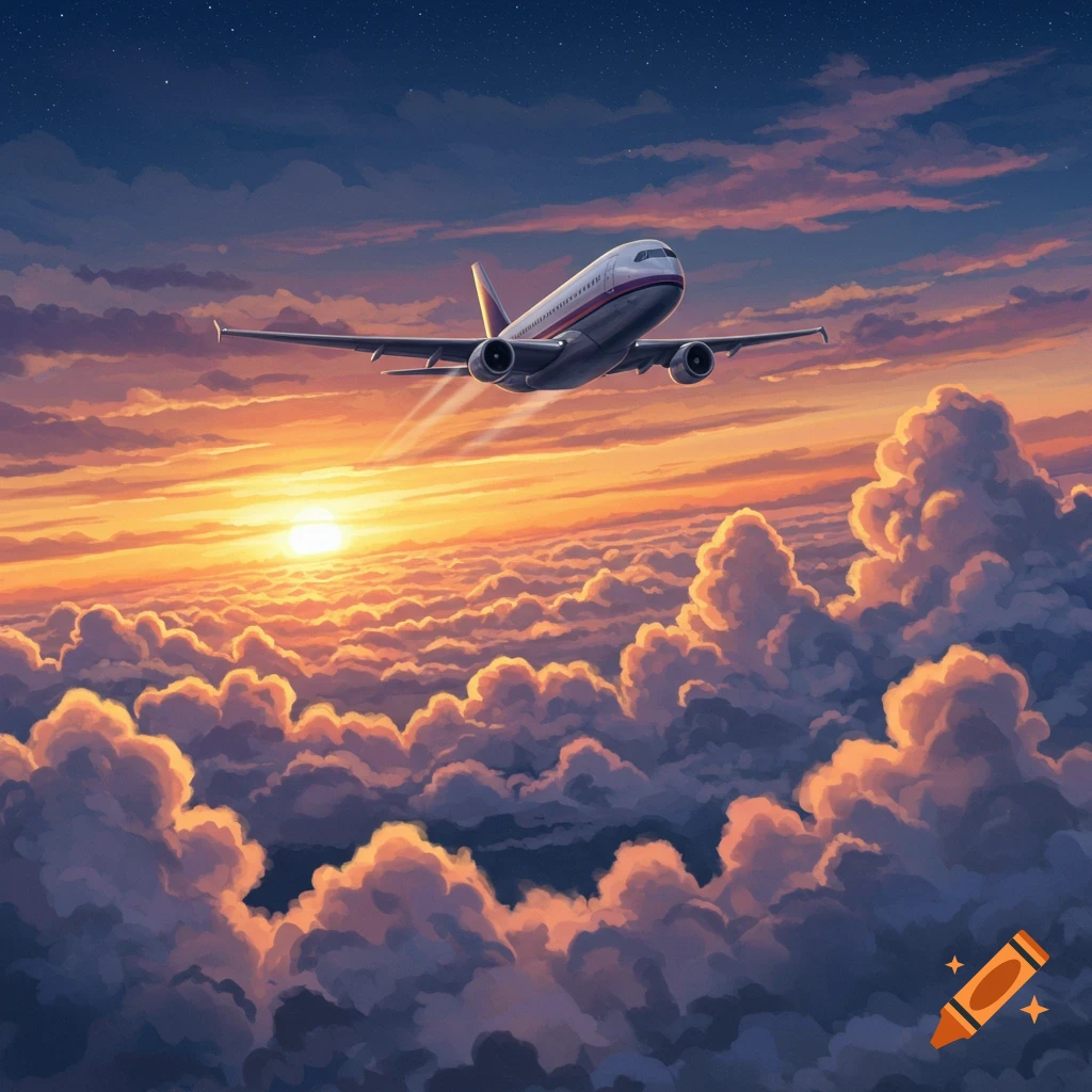 An airplane flies above a sea of clouds, silhouetted against a vibrant orange and purple sunset sky with stars visible above.