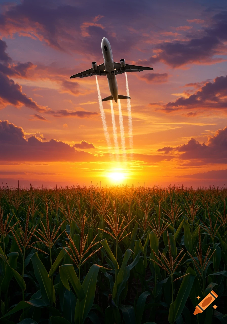 A white airplane takes off over a green cornfield against a dramatic orange and purple sunset sky.