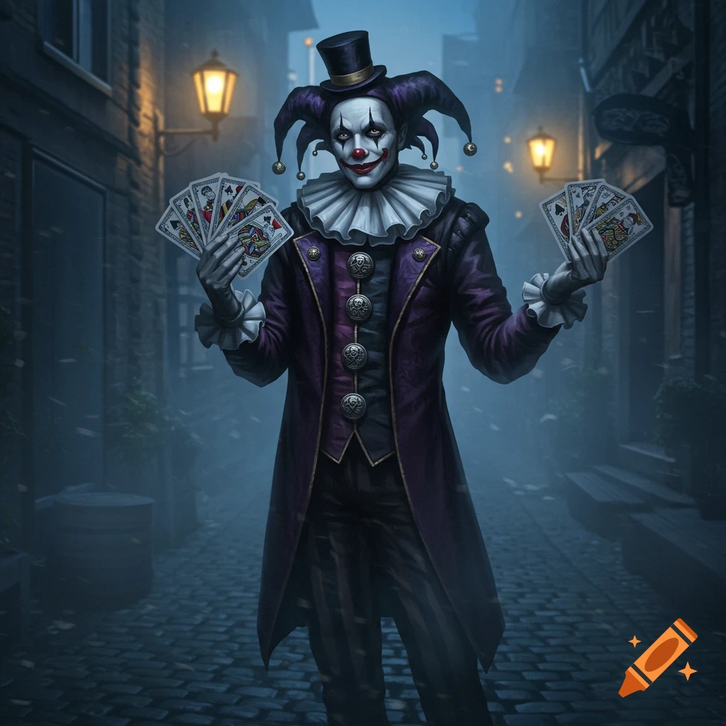 A gloomy jester clown in a purple coat and top hat holds playing cards in a dark, cobblestone alley, in a realistic, painterly style.