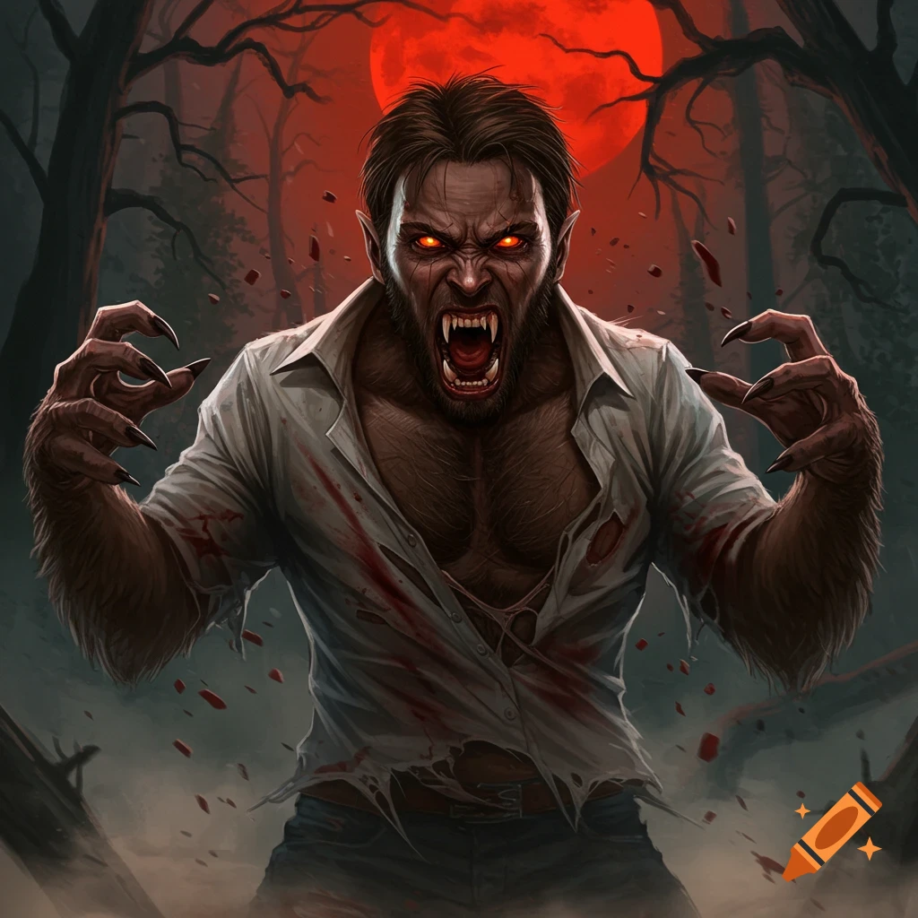A ferocious werewolf with glowing red eyes and fangs, mid-transformation with a ripped, bloody shirt, stands in a dark forest under a red moon.