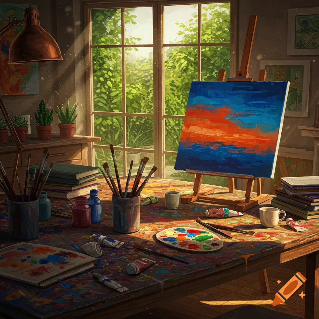 An artist's studio with a paint-splattered desk, brushes, tubes, and a canvas on an easel depicting a blue and orange abstract painting, lit by a large window.