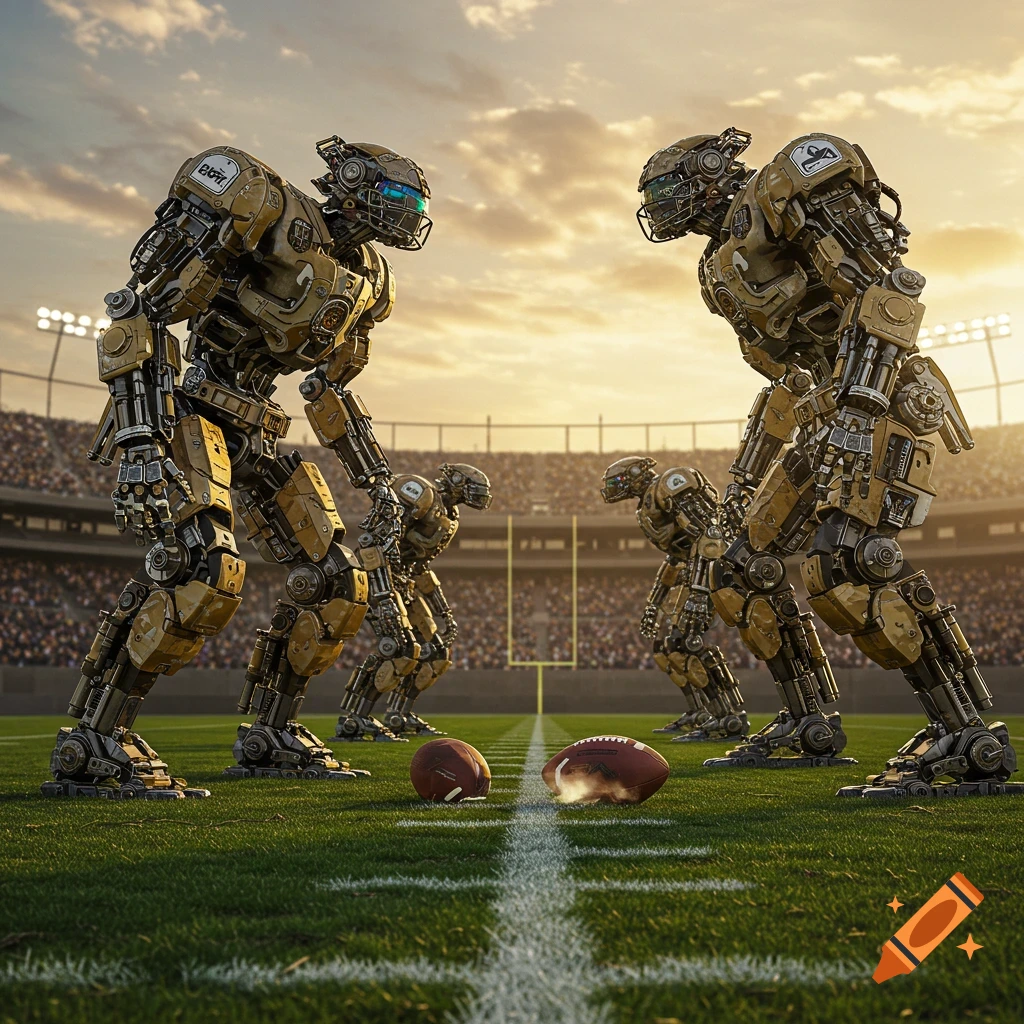 Photorealistic image of two massive, detailed robots facing off on an American football field at sunset, with a stadium in the background.