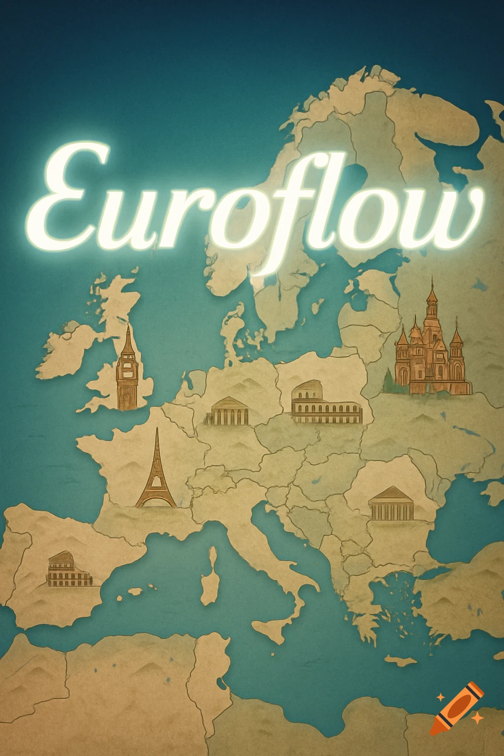 An illustrated map of Europe with famous landmarks and the glowing text "Euroflow" prominently displayed across the top.