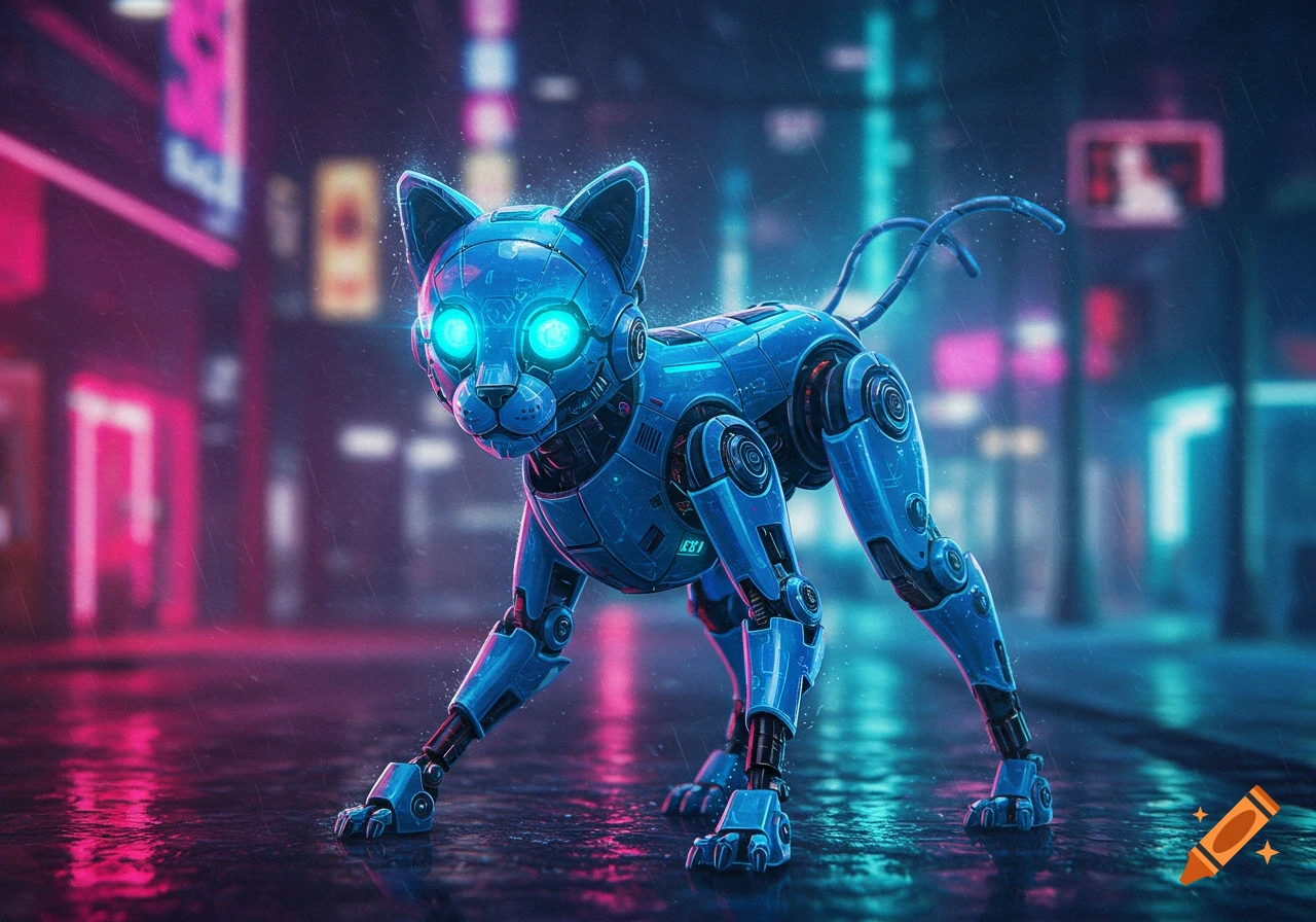 A blue robot cat with glowing eyes stands on a wet street at night, reflecting neon lights from a cyberpunk city.
