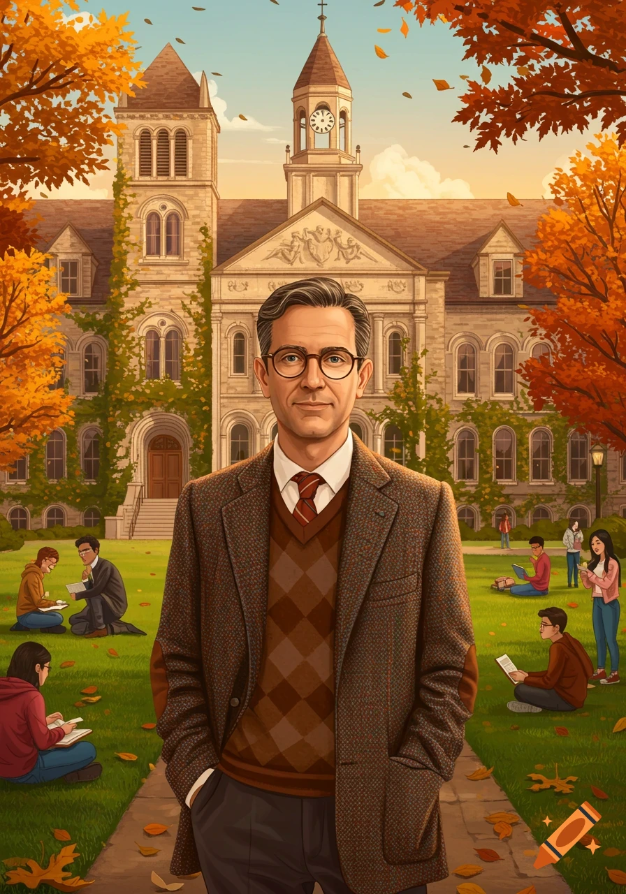 Illustrative image of a professor on a university campus in autumn with students studying on the lawn.