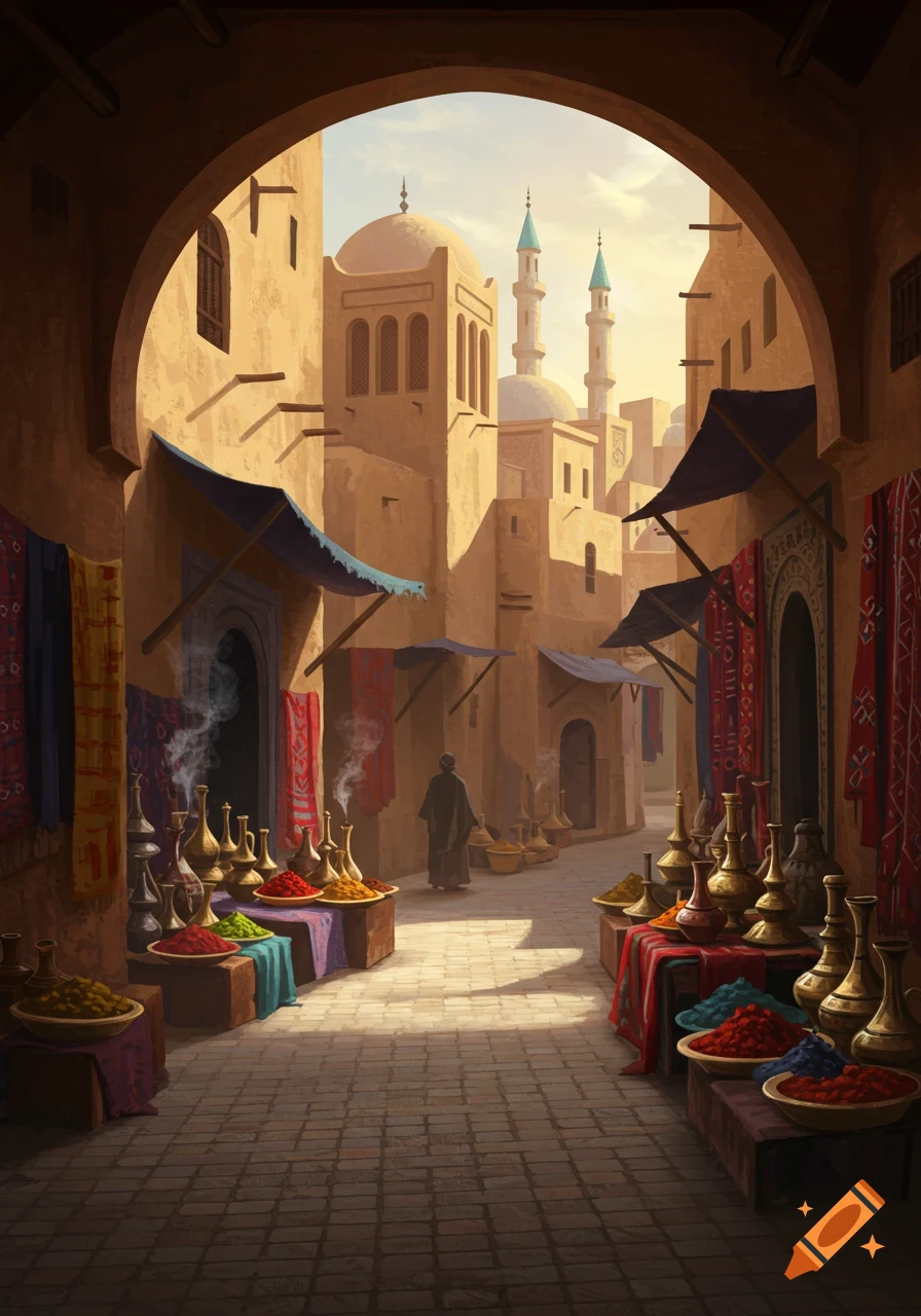 A detailed illustration of a Middle Eastern marketplace street with spice and pottery stalls under an arched entrance, a figure walks in the distance.