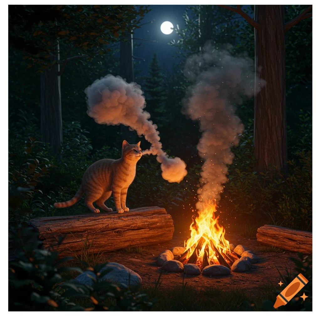 A tabby cat stands on a log next to a crackling campfire in a dark forest at night, exhaling smoke.