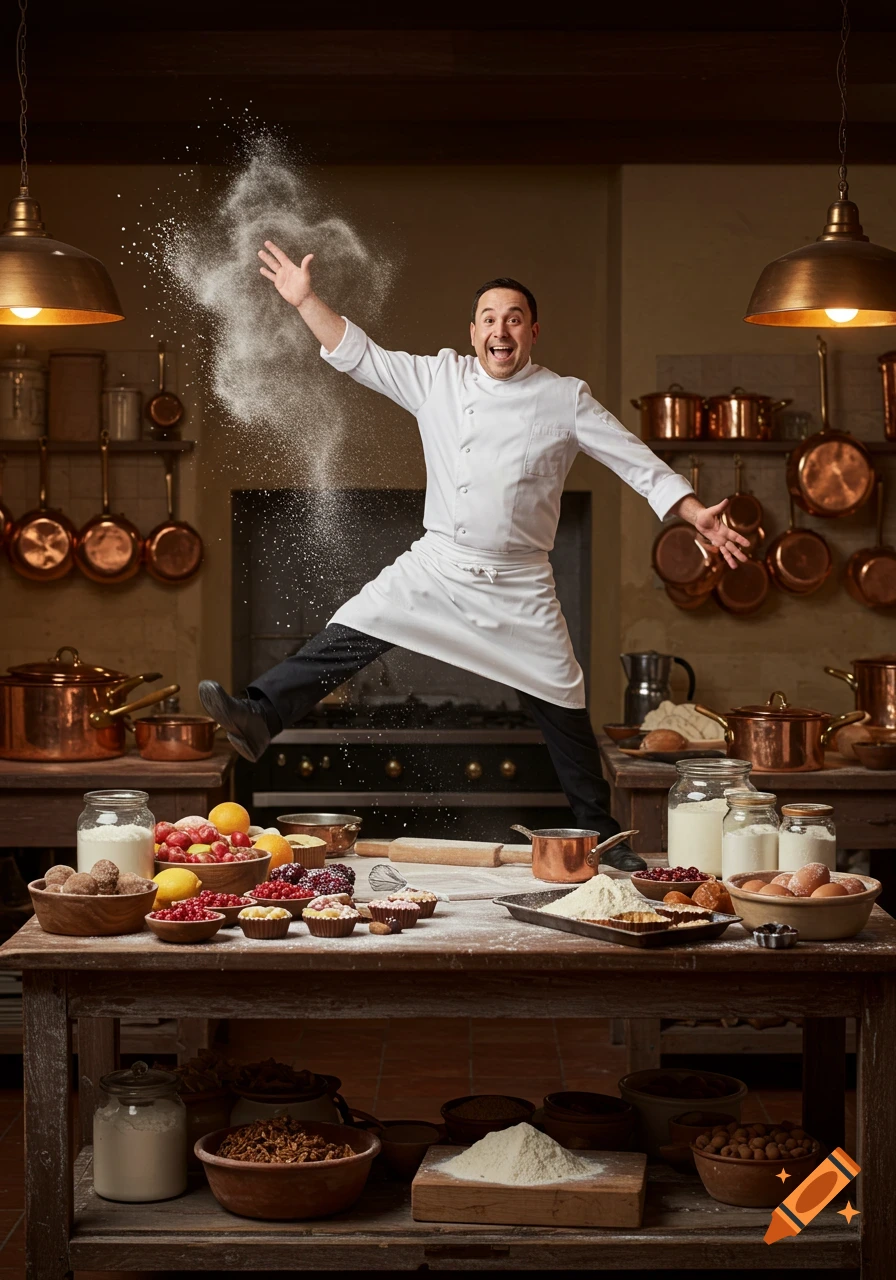 A cheerful male chef in a white uniform jumps in a rustic kitchen, scattering flour over a table laden with baking ingredients.