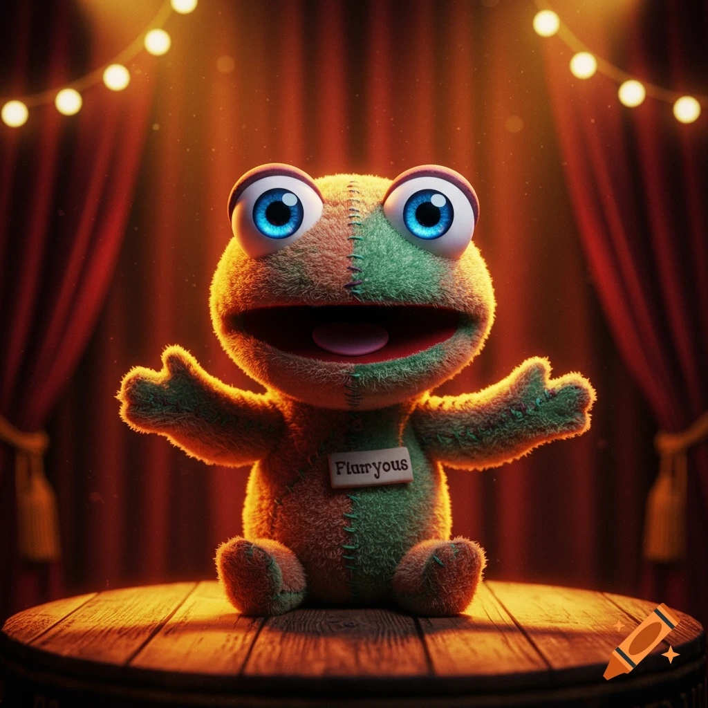 A fuzzy green and orange frog puppet with huge blue eyes sits on a wooden stage, framed by red curtains and string lights.