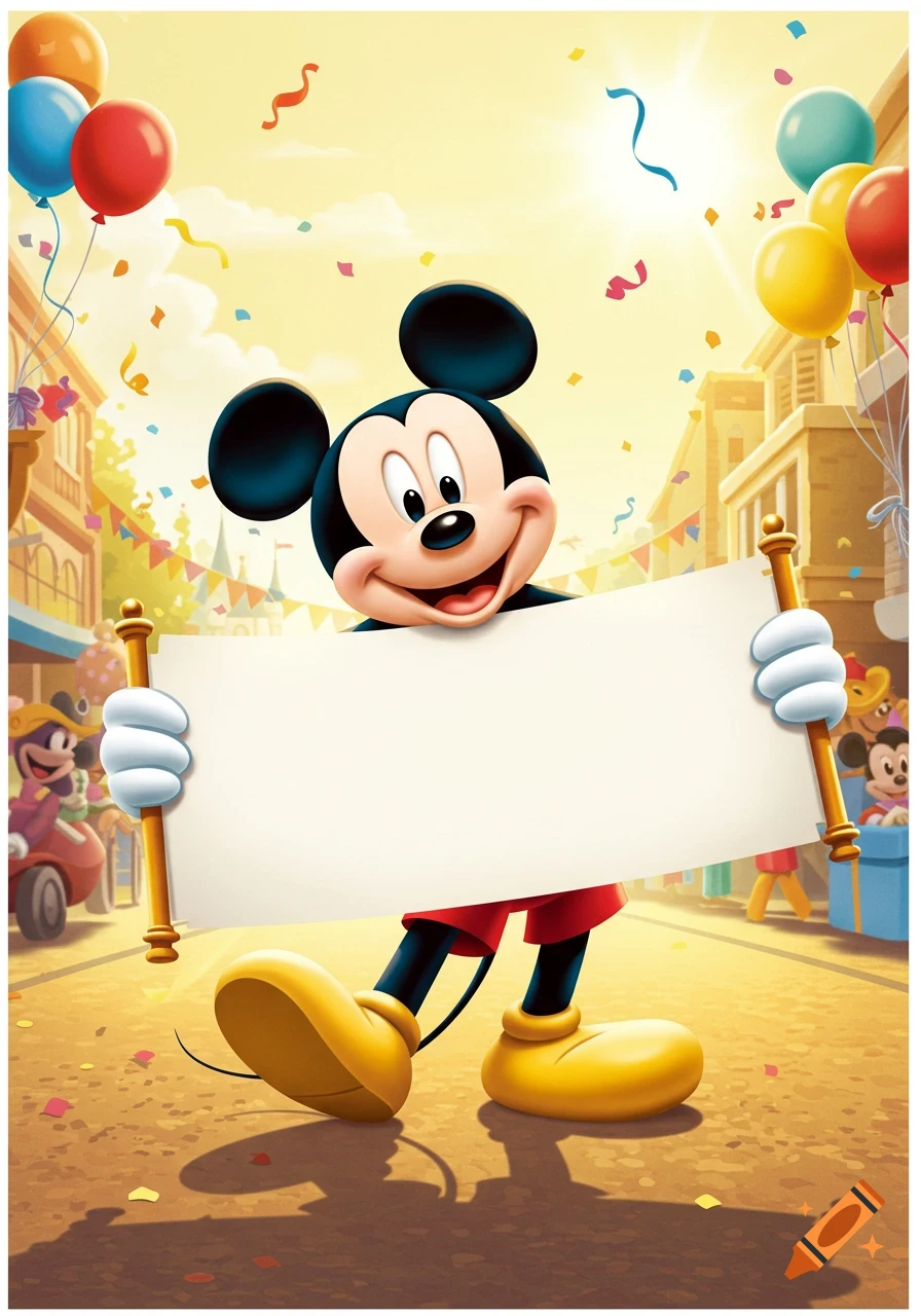 Happy Mickey Mouse holds a blank banner in a festive street scene with balloons and confetti.