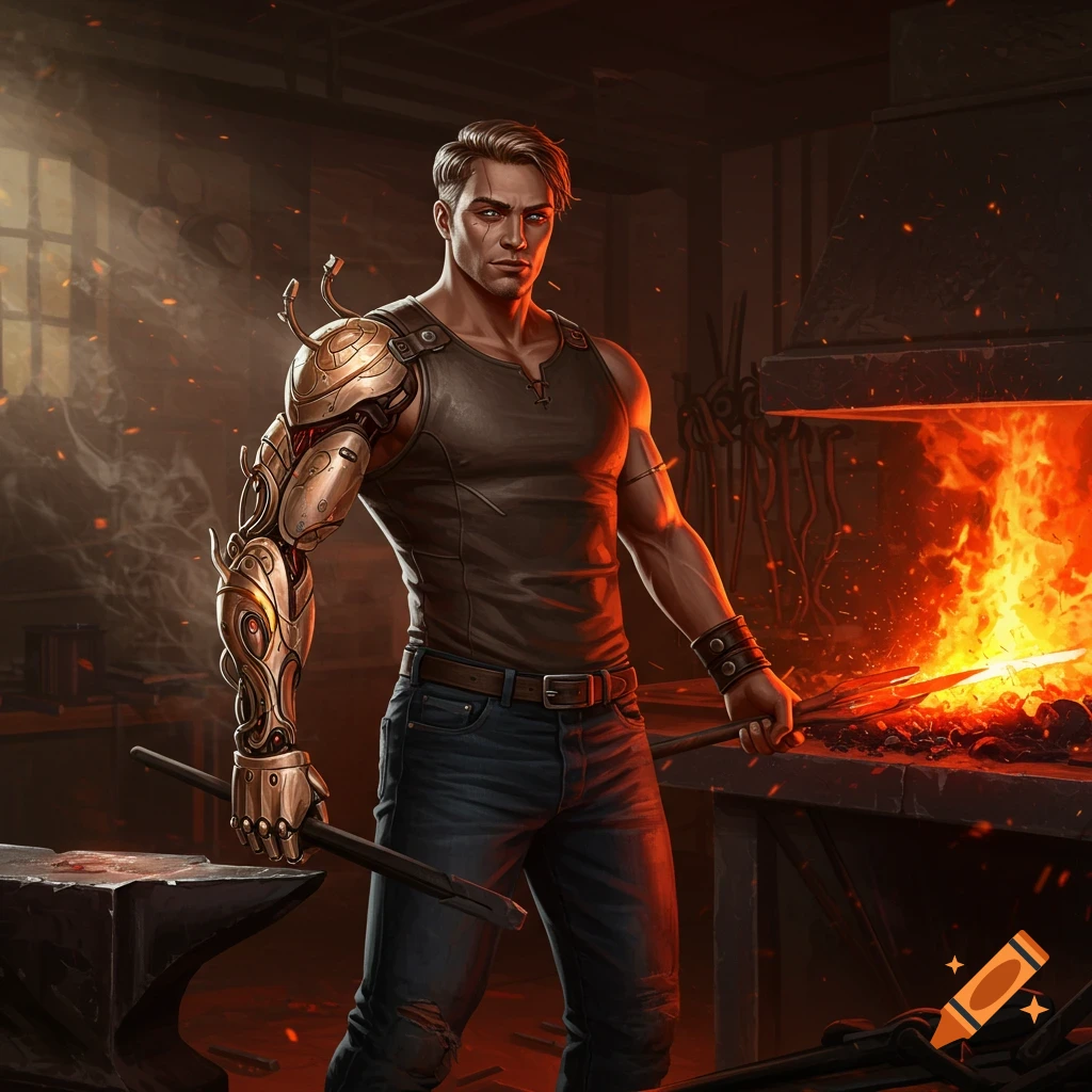 A strong man with a golden cyborg arm stands in a fiery blacksmith's forge, holding tongs and a glowing metal bar.