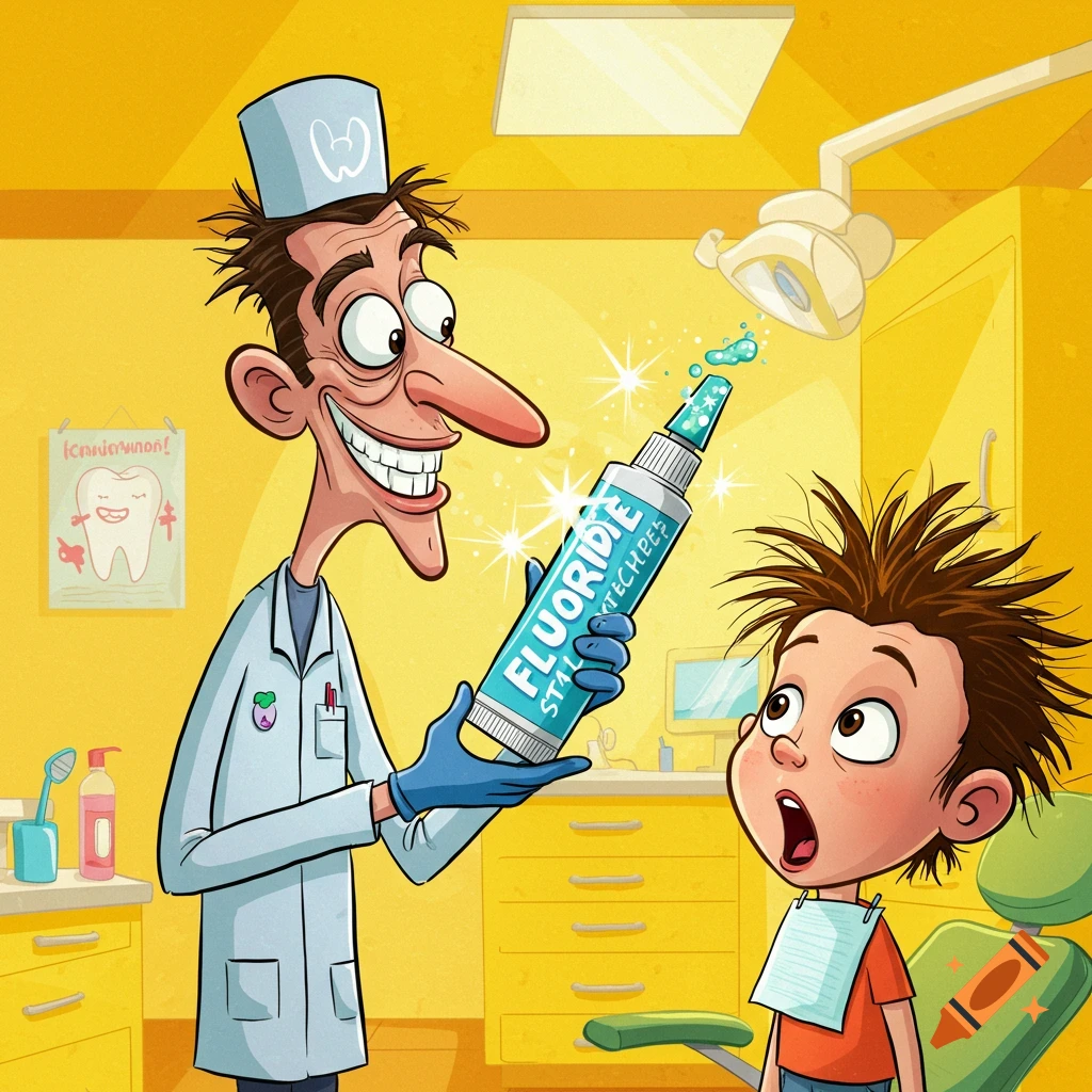 Cartoon of an exaggerated dentist holding a toothpaste tube with fluoride, surprising a young boy in a bright yellow dental office.