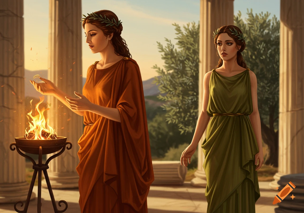Two women in ancient Greek robes, one with a fire altar, the other with an olive wreath, stand among columns at sunset.