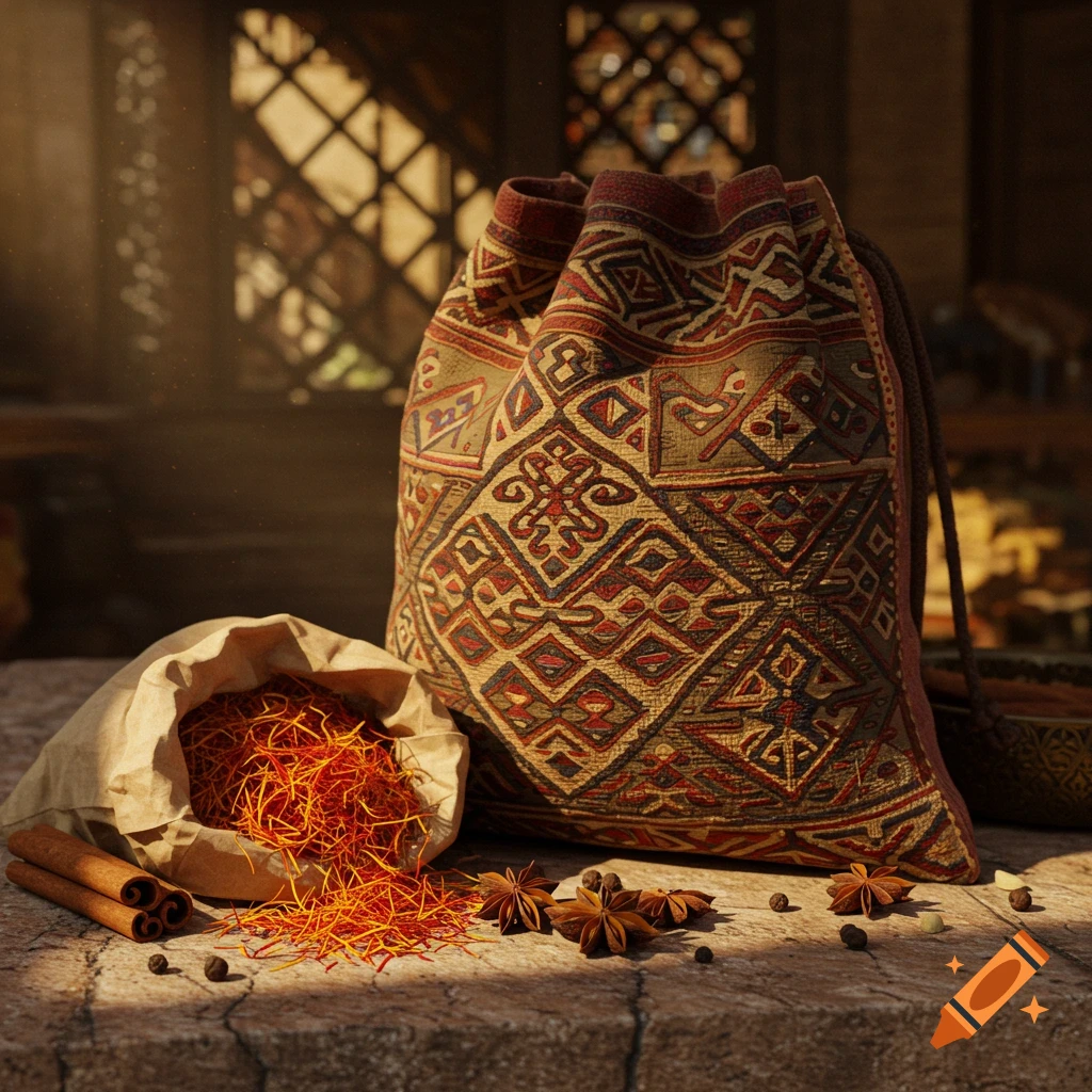 A patterned drawstring bag and an open paper bag filled with saffron threads, alongside cinnamon sticks, star anise, and peppercorns on a stone surface.