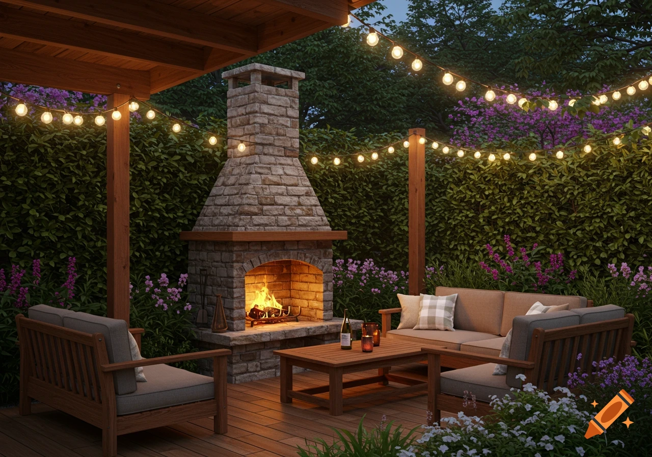 Photorealistic outdoor patio with a lit stone fireplace, string lights, and seating, surrounded by lush greenery and flowers at dusk.