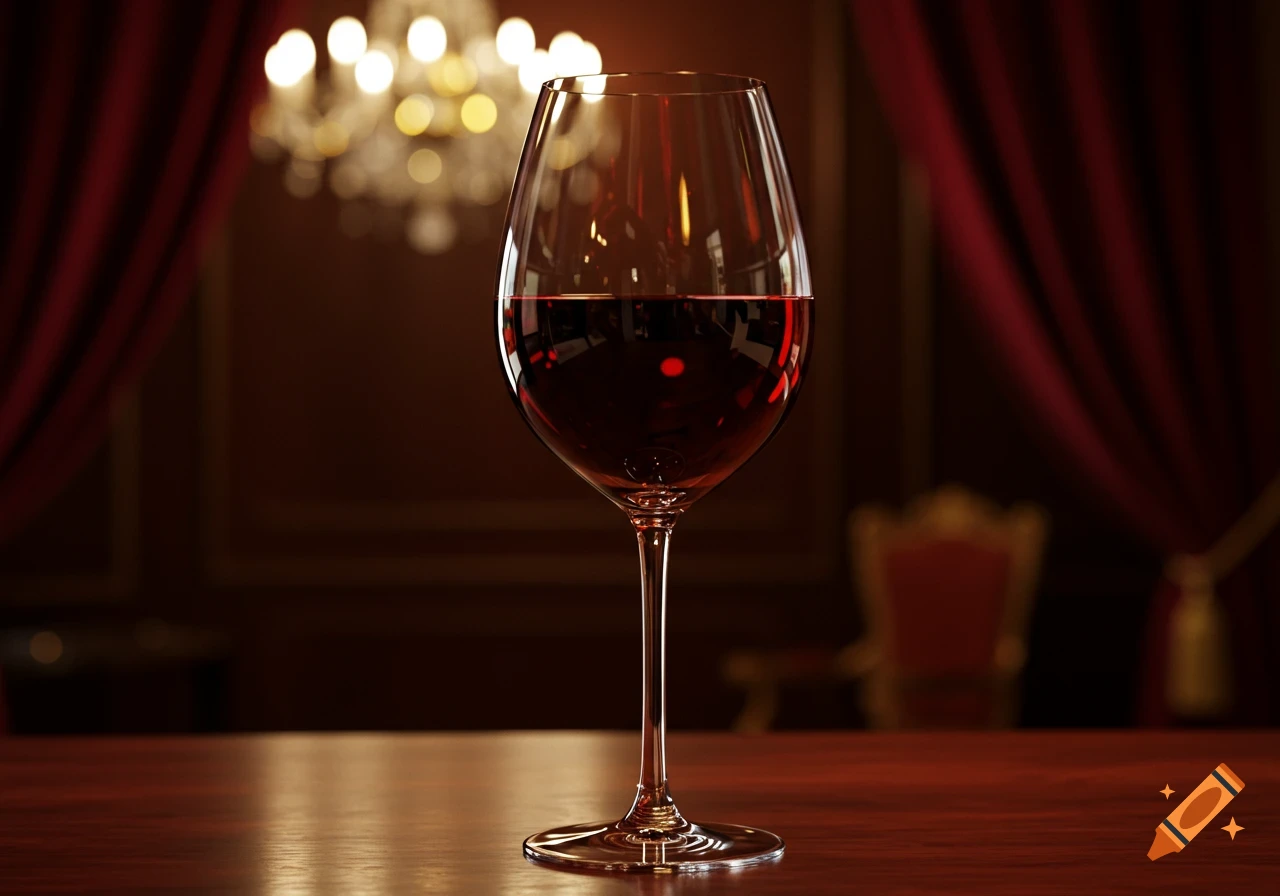 A photorealistic image of a glass of red wine on a wooden table, with blurred red curtains and a chandelier in the background.