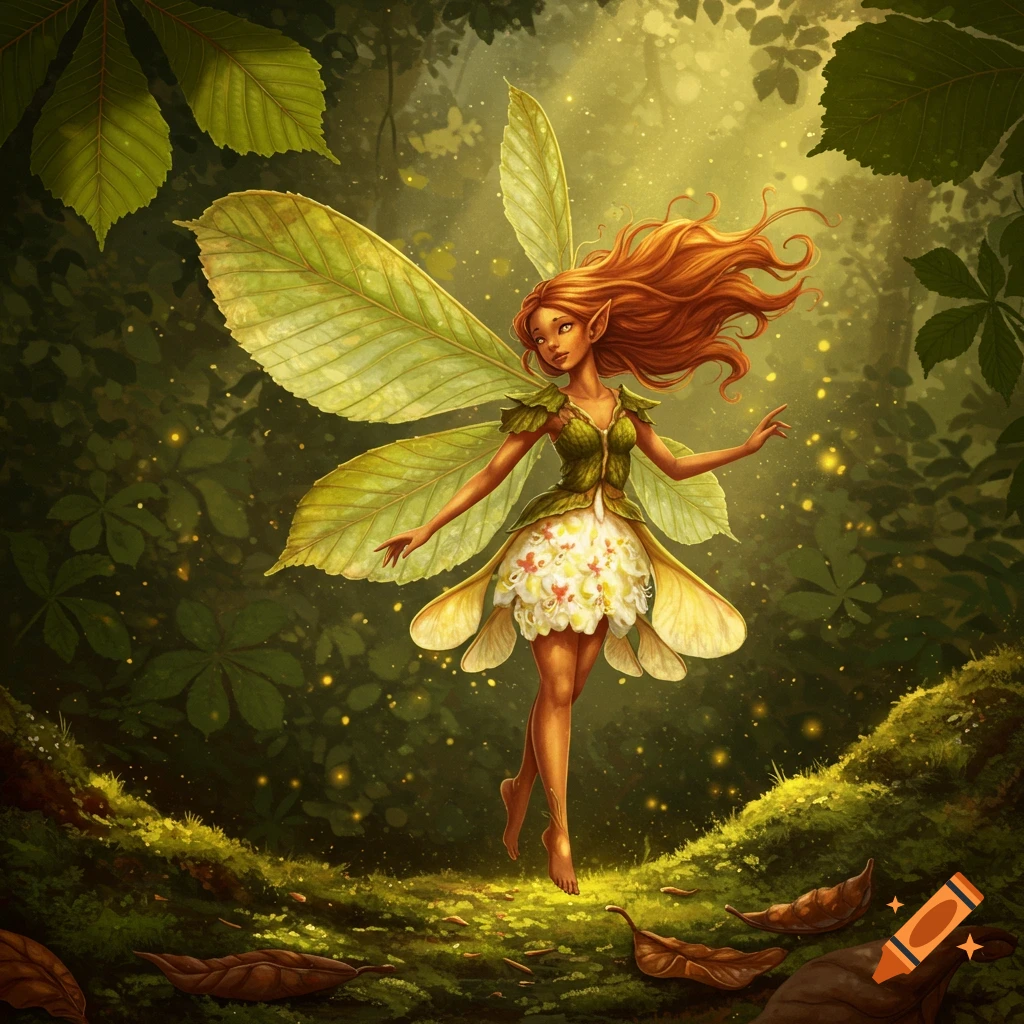 A fantastical fairy with long reddish-brown hair and large leaf-shaped wings stands in a lush green forest, bathed in golden light.