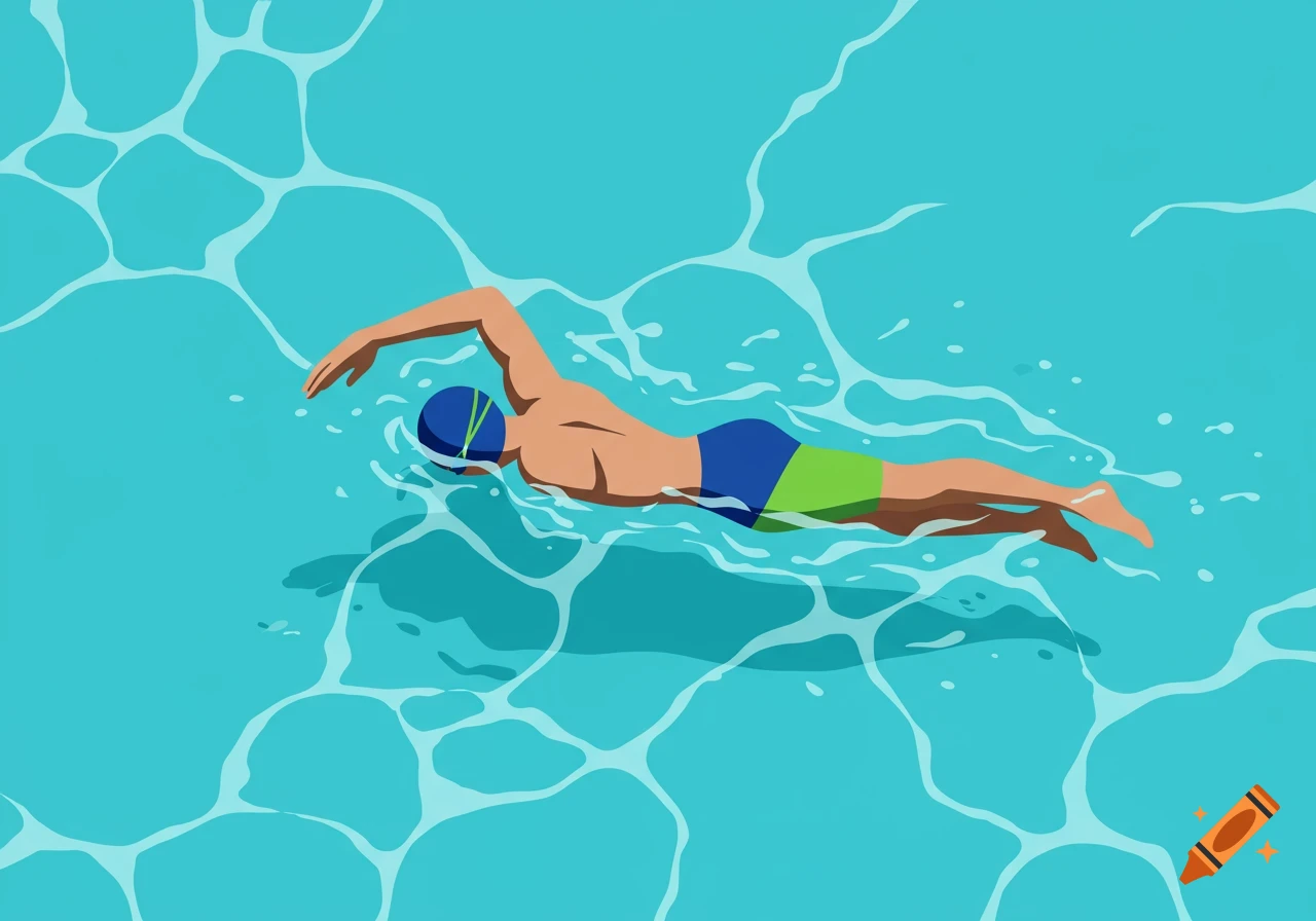 Overhead illustration of a swimmer in a blue cap and trunks doing the crawl stroke in a turquoise pool.
