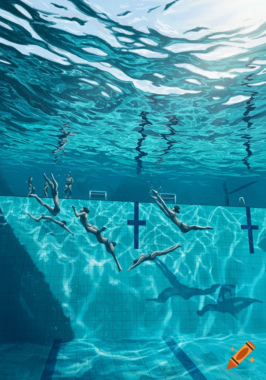 Underwater view of synchronized swimmers in a pool with light filtering through the water surface.