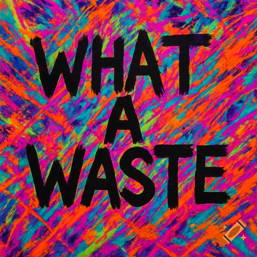 Black text 'WHAT A WASTE' on a vibrant, abstract psychedelic background.