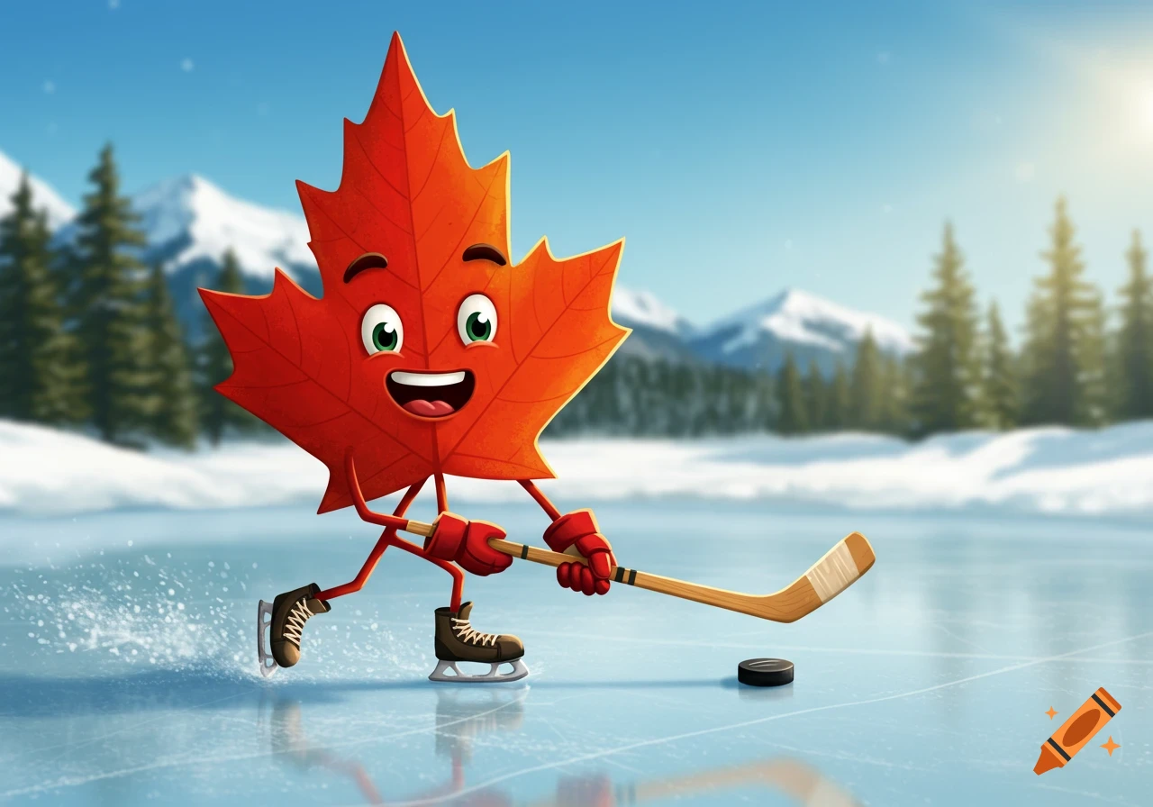 A happy cartoon Canadian maple leaf character playing hockey on an ice rink with snowy mountains and pine trees in the background.