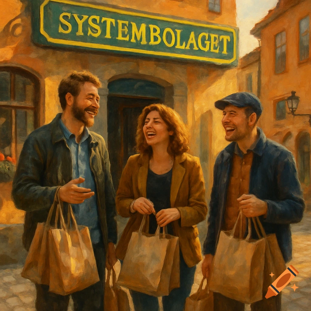 A painterly image of two men and a woman, smiling and holding shopping bags, outside a 'Systembolaget' store in an old town.