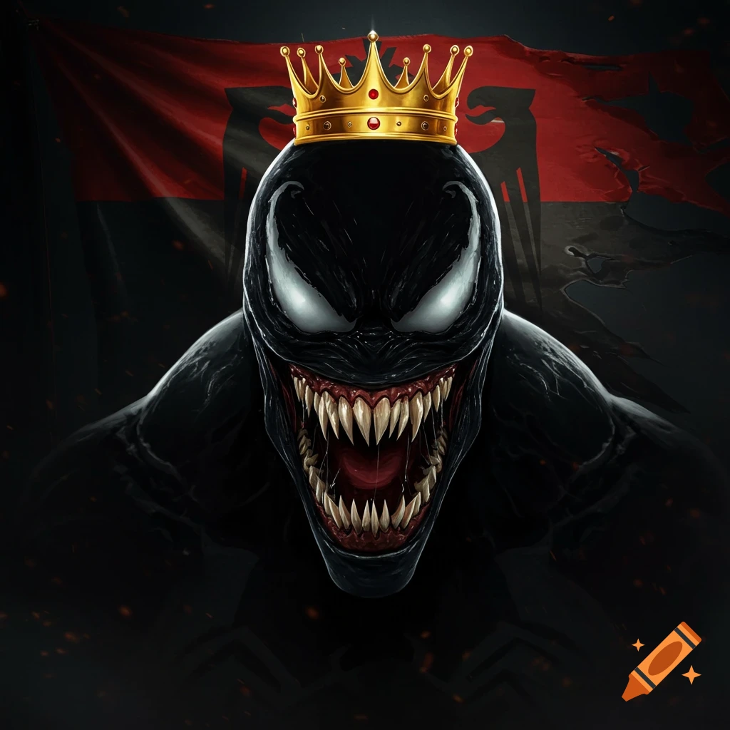 Menacing Marvel character Venom with glowing white eyes and sharp teeth, wearing a golden crown, against a red flag with a black double-headed eagle.
