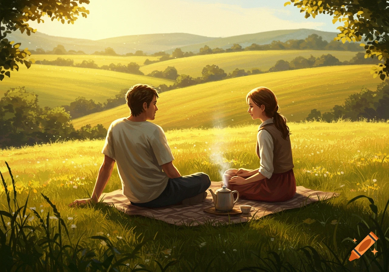A man and woman picnic on a blanket in a sunny, golden rural field with rolling hills and trees, in an illustrative style.