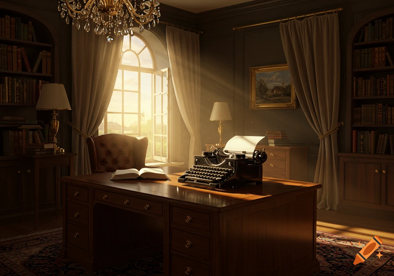 A vintage study room with a typewriter, an open book on a wooden desk, bookshelves, and sunlight streaming through a large window.