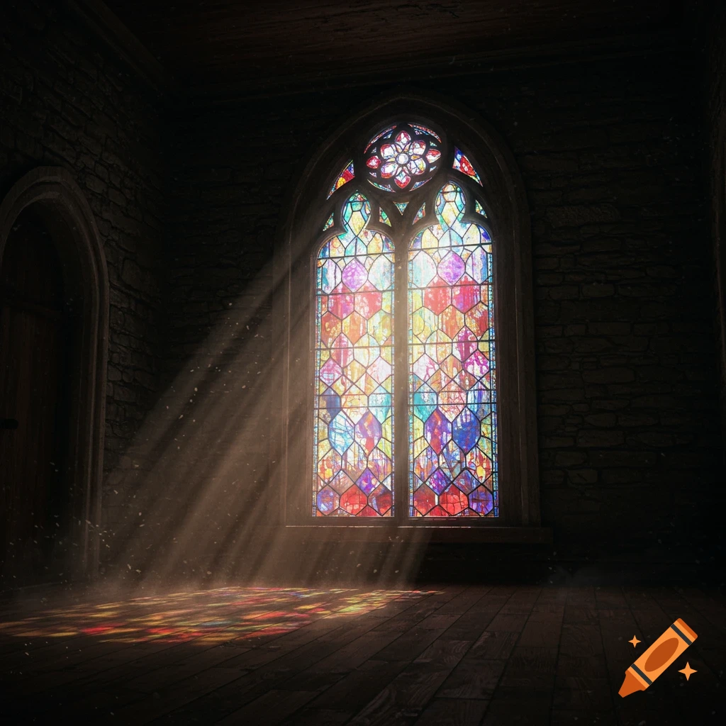 Sunlight streams through a colorful stained-glass window into a dark, stone-walled room.