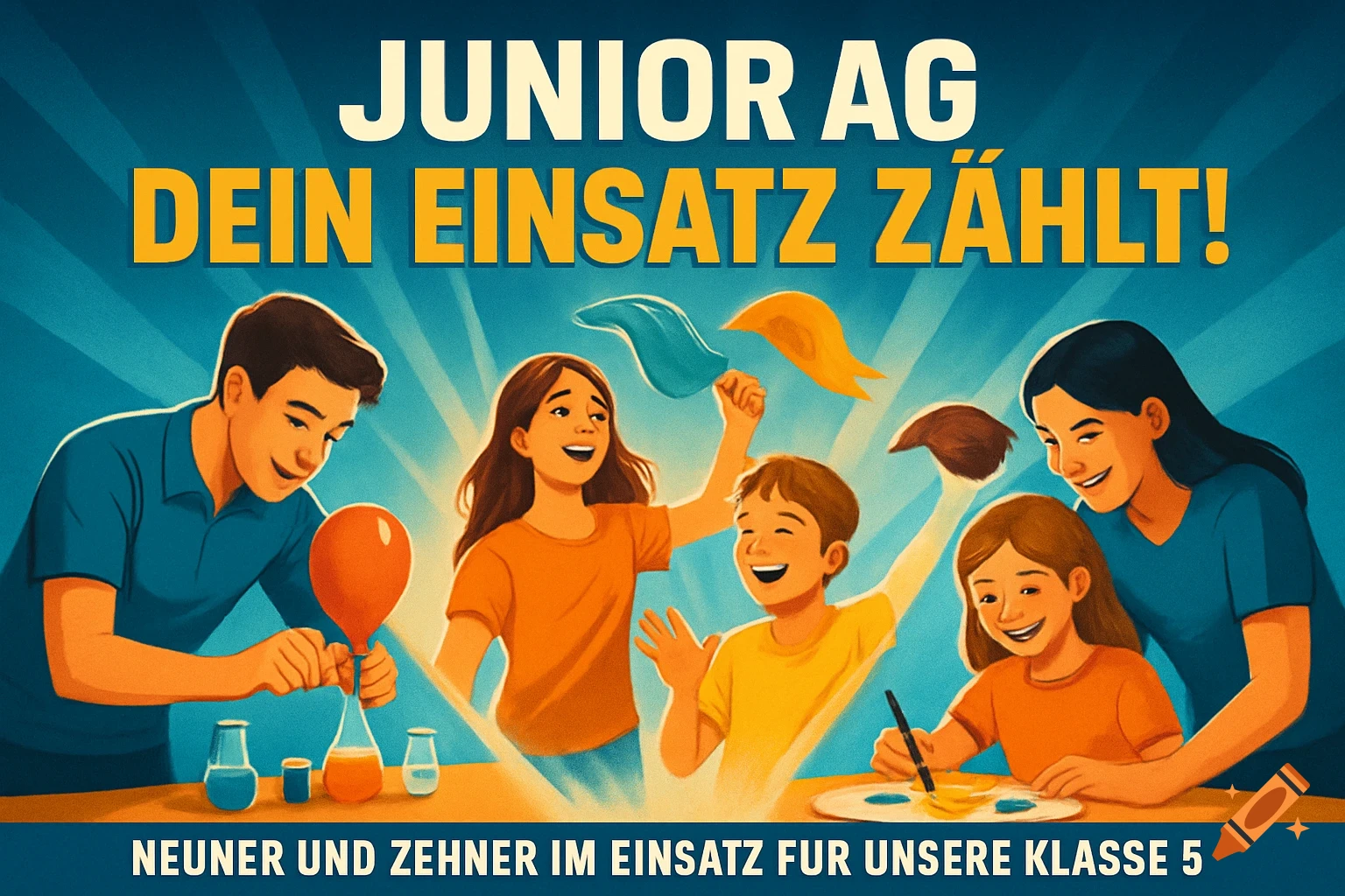 Motivational school poster with children and adults doing science, play, and art. Text: JUNIOR AG – DEIN EINSATZ ZÄHLT!