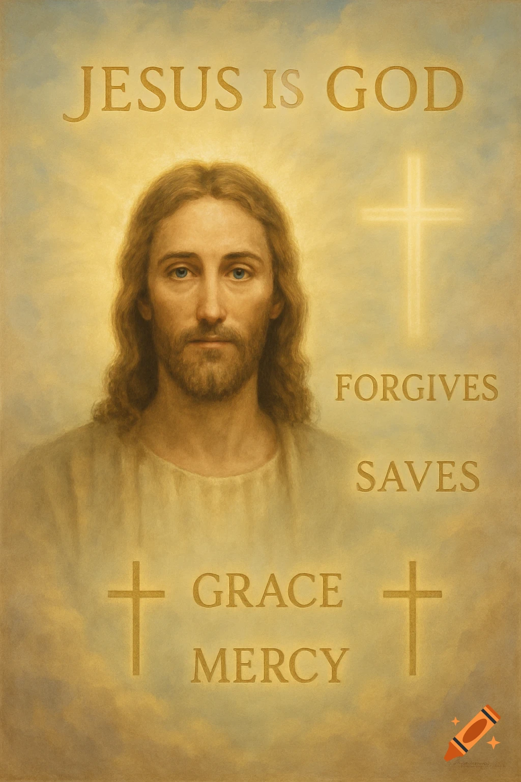 Portrait of Jesus Christ with golden text 'Jesus is God, Forgives, Saves, Grace, Mercy' and glowing crosses on a cloudy, golden background.