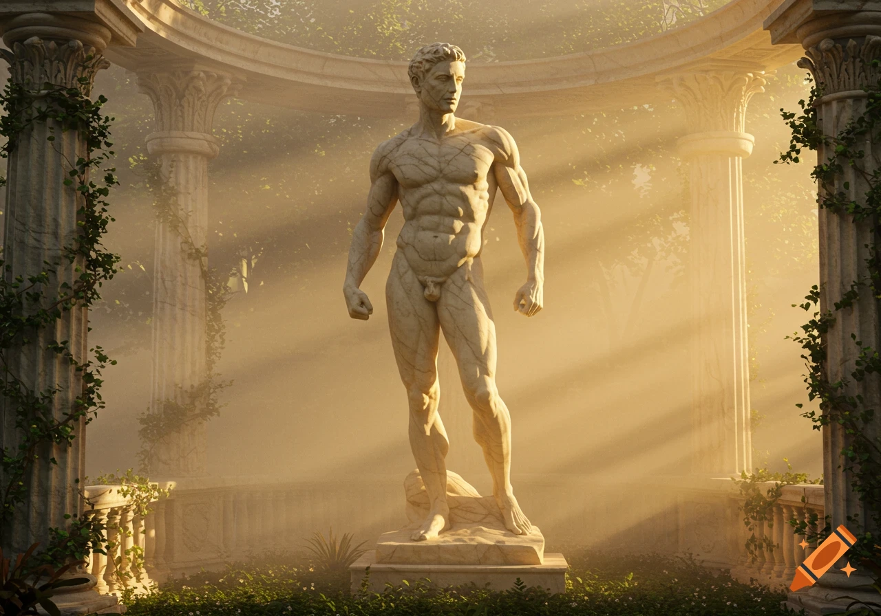 A photorealistic marble statue of a muscular man stands amidst ancient, vine-covered columns in golden, misty sunlight.