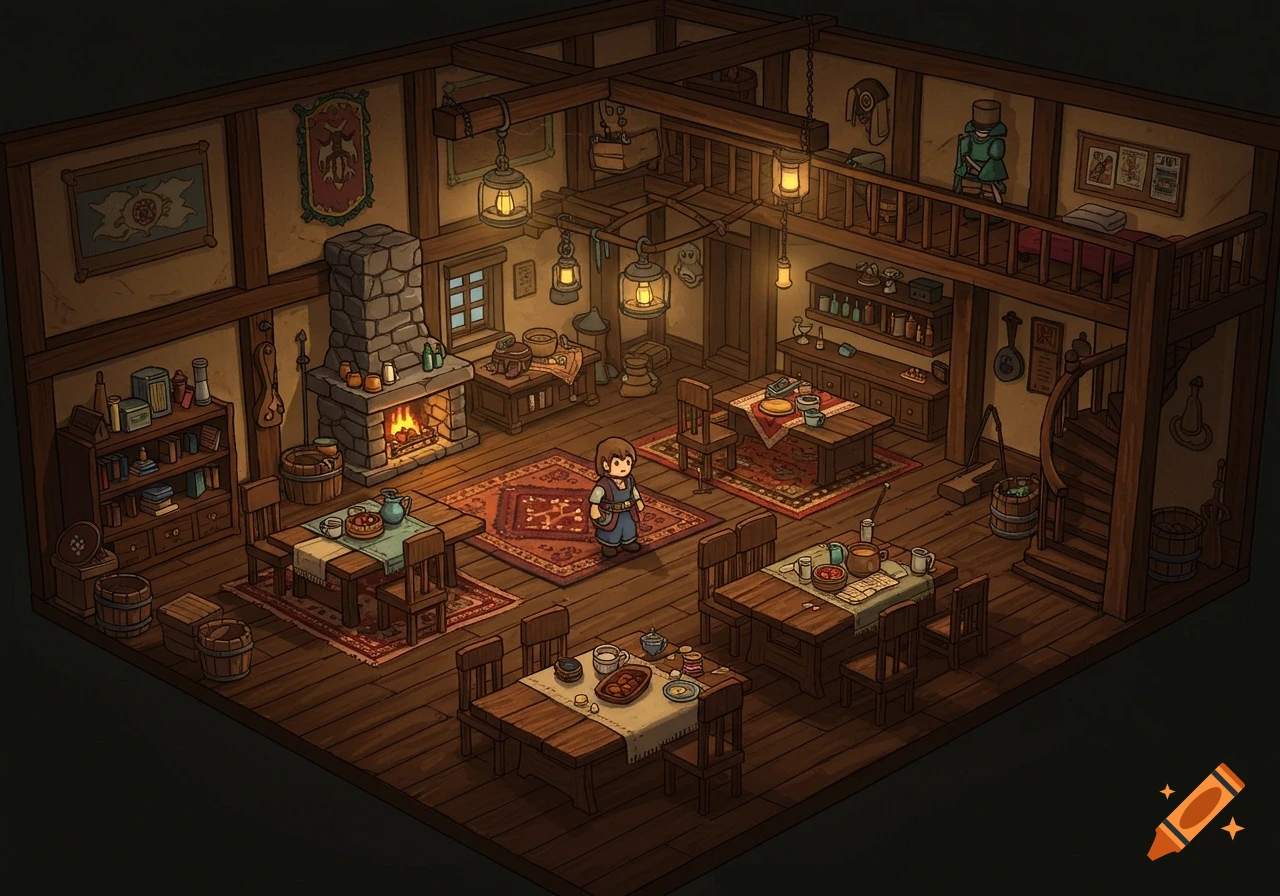 Isometric cartoon illustration of a cozy fantasy inn interior with a lone character, fireplace, tables, and a loft.
