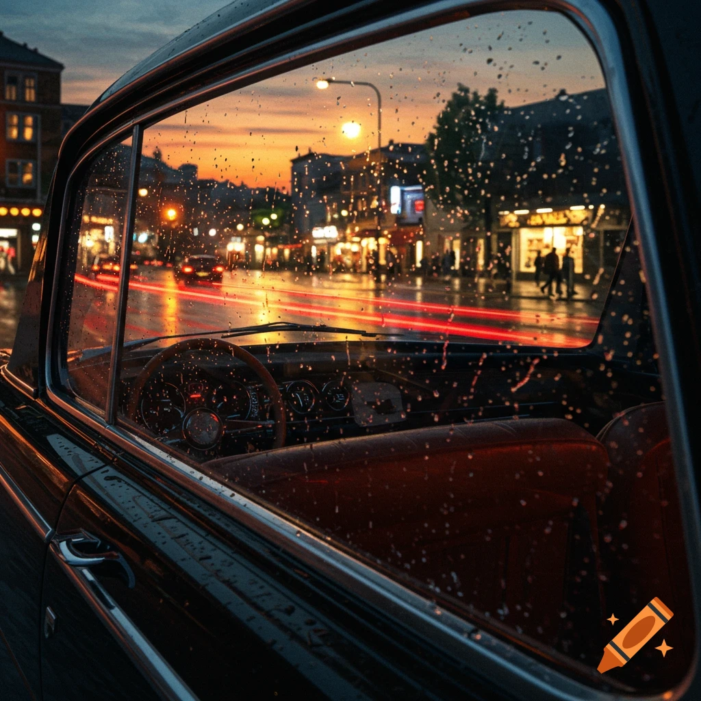 Photorealistic view from inside a classic car looking out a rainy ...