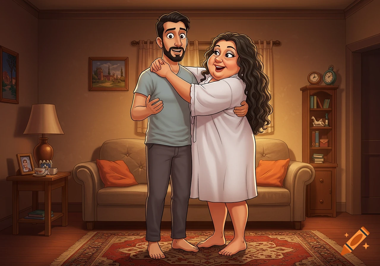 A cartoon couple embraces affectionately in a warm, cozy living room.