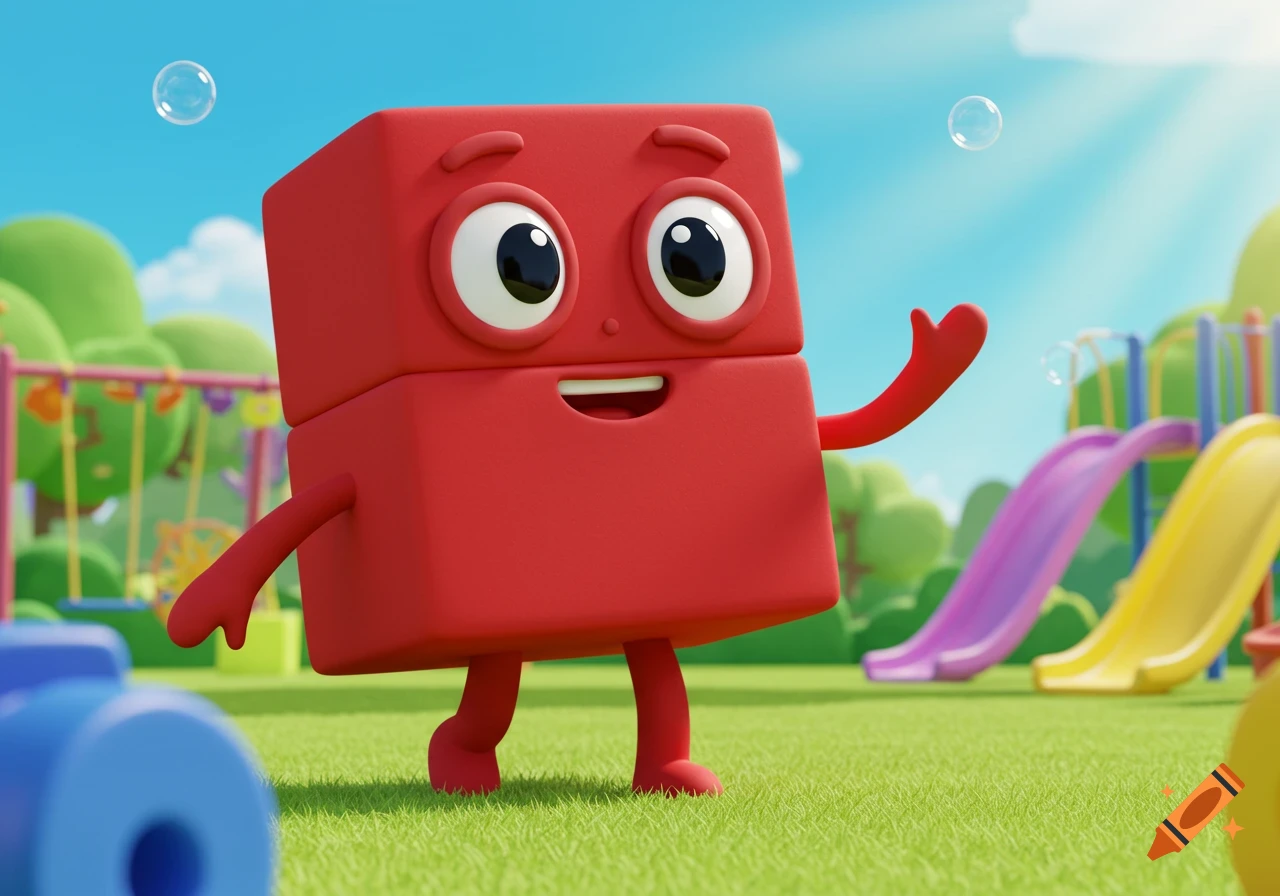 A cheerful red block character with big eyes and a smile waves in a sunny 3D animated playground with slides and bubbles.