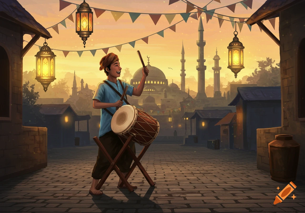 Illustrated young man playing a drum on a street with lanterns and mosques at sunset, celebrating Ramadan.
