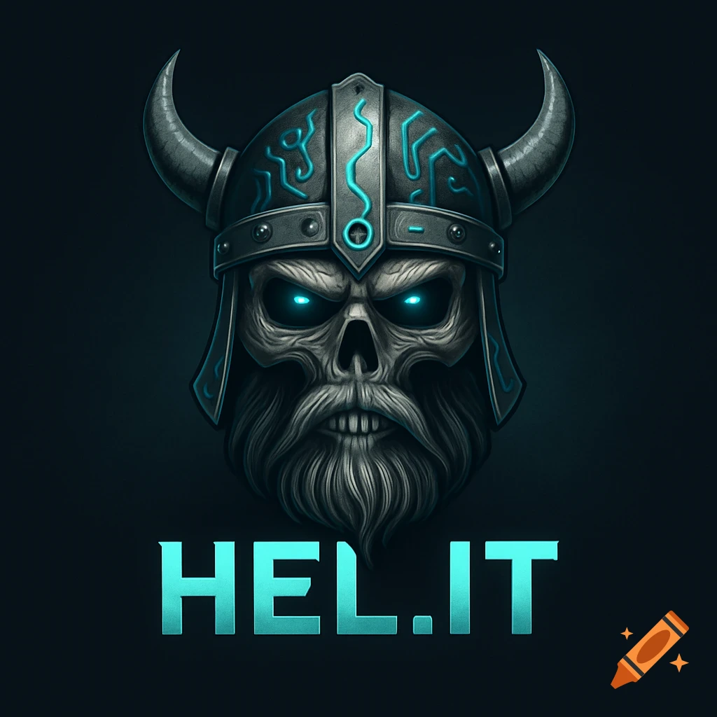 A stylized digital art icon of a skull wearing a horned Viking helmet with glowing blue eyes, a beard, and circuit patterns, with 'HEL.IT' text below.