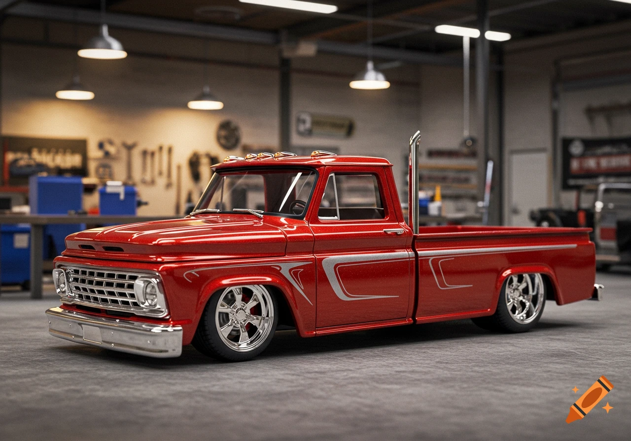 A shiny red customized pickup truck with chrome wheels and details sits in a well-lit garage.