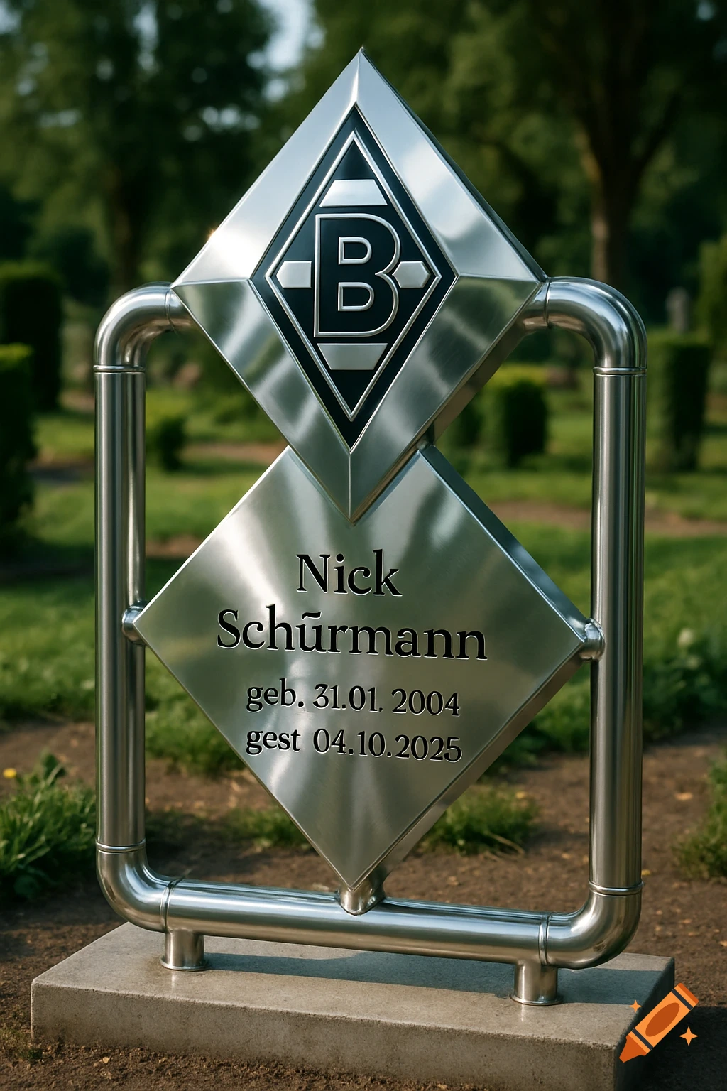A gleaming stainless steel gravestone in the shape of two stacked rhombuses, framed by a metal tube stand. It features the Borussia Mönchengladbach logo and the inscription "Nick Schürmann, geb. 31.01.2004, gest. 04.10.2025" against a blurred green background.