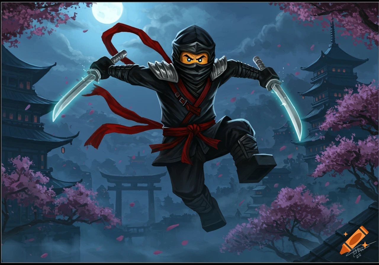 A Lego-style ninja in black and red armor leaps with glowing swords under a full moon, surrounded by Japanese pagodas and cherry blossoms.
