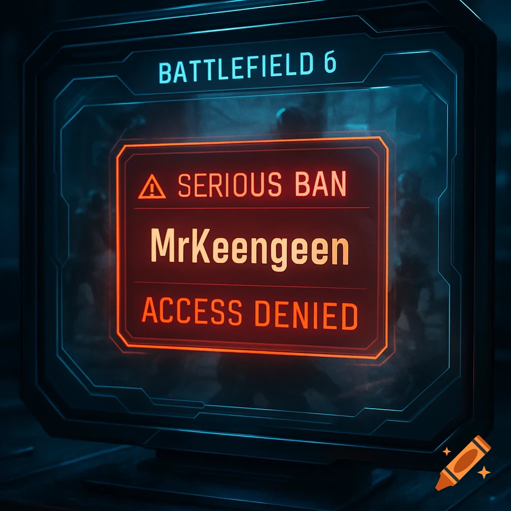 A futuristic blue and orange interface displays a 'BATTLEFIELD 6 SERIOUS BAN MrKeengeen ACCESS DENIED' message on a dark background.
