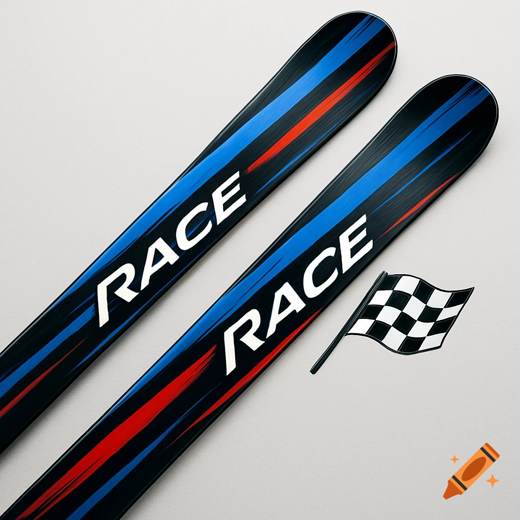 Two black skis with blue and red stripes and the word 'RACE' in white text are shown from a top-down view, with a black and white checkered flag beside them.