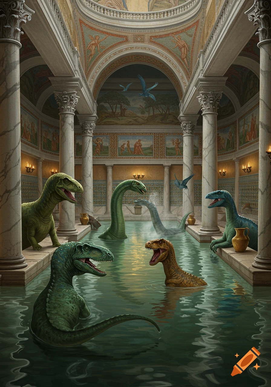 Several dinosaurs, including T-Rex and long-necked species, lounge in a grand, ornate ancient Roman bathhouse with marble columns.