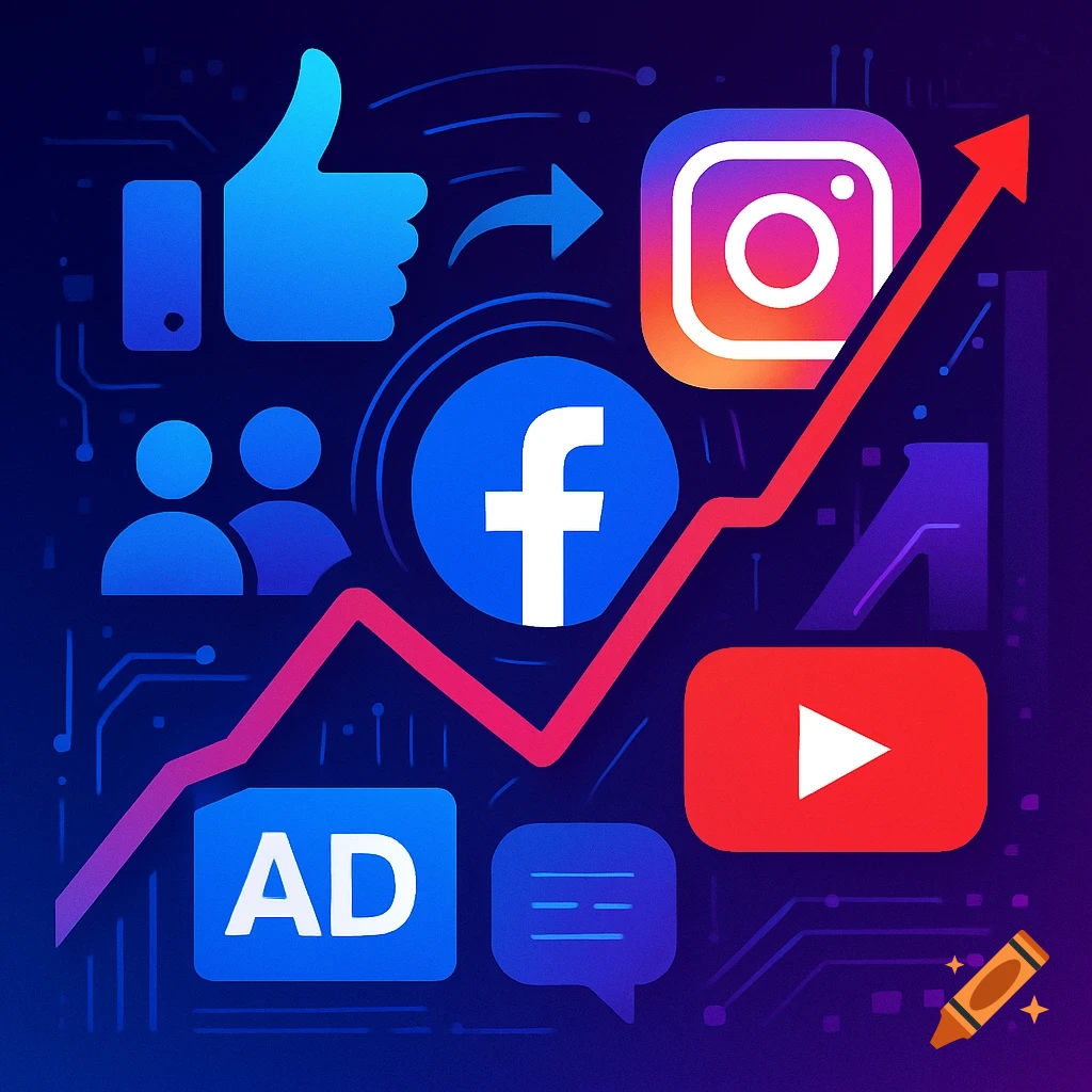 Modern digital illustration of social media marketing with icons for Facebook, Instagram, YouTube, likes, followers, ads, and an upward growth chart.
