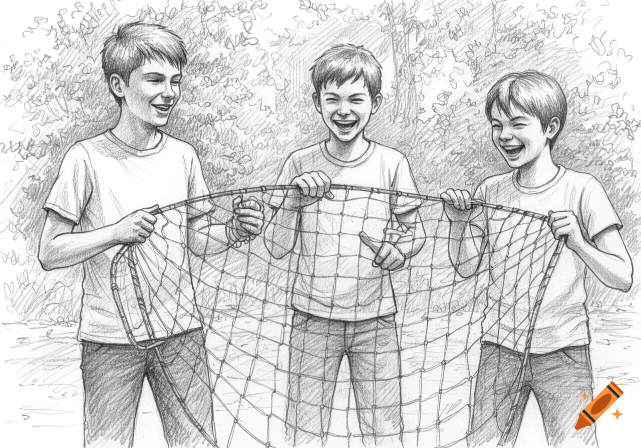 Pencil sketch of three joyful boys playing with a fishing net outdoors.