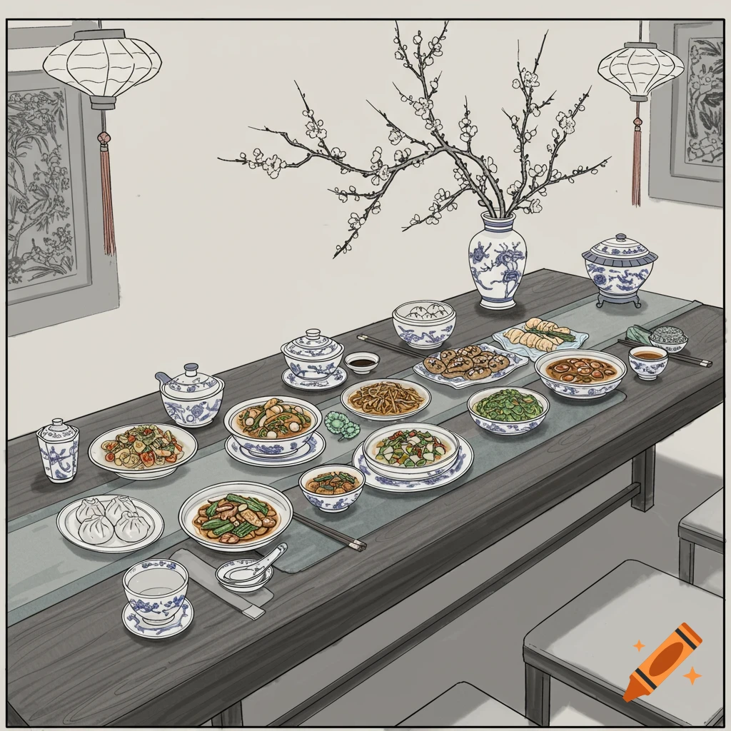 A hand-drawn illustration in Chinese ink style shows a long dining table laden with various Chinese dishes, ceramic ware, lanterns, and a vase with cherry blossoms.