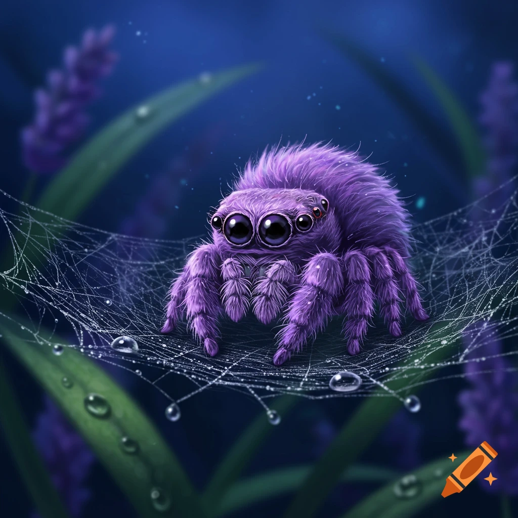 A cute, fluffy purple spider with large black eyes sits on a dew-covered spiderweb among blurred purple lavender plants at night, in a whimsical style.
